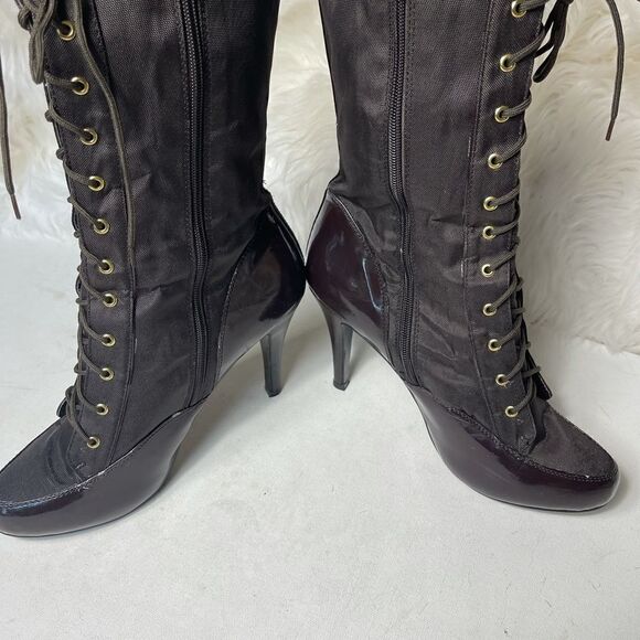 Herstyle brown lace up boots heels nylon and faux leather size 10 - Picture 4 of 12
